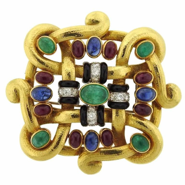 Impressive David Webb Diamond Gemstone Gold Platinum Brooch Pendant - Oakgem.com