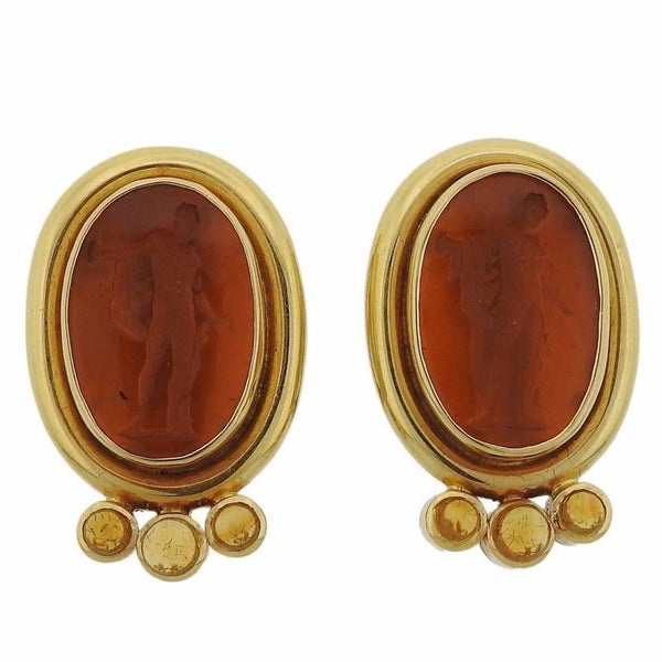 Elizabeth Locke Intaglio Venetian Glass Citrine Gold Earrings - Oak Gem