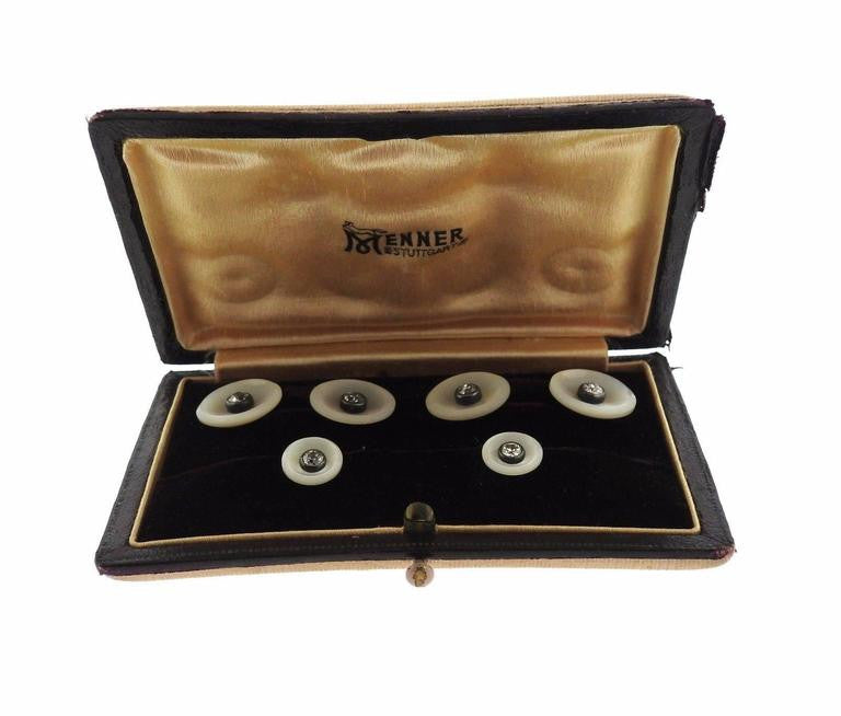 Continental Art Deco Mother of Pearl Diamond Gold Cufflinks Stud Dress Set - Oakgem.com