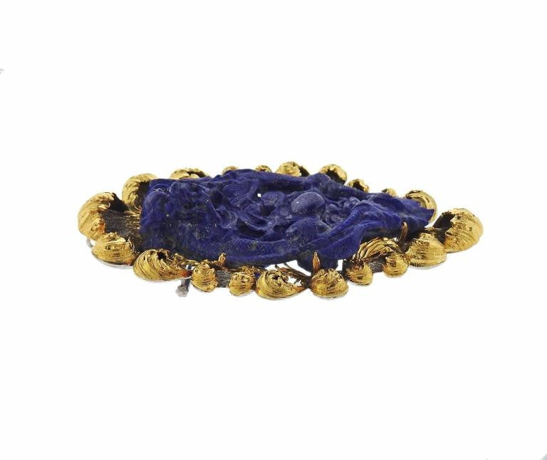 Impressive Buccellati Gold Carved Lapis Brooch Pin - Oakgem.com