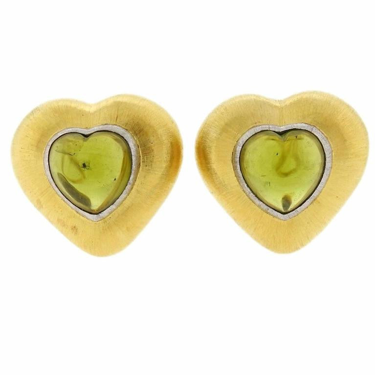 Buccellati Two Color Gold Peridot Heart Earrings - Oakgem.com