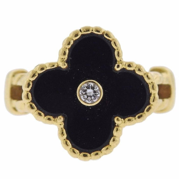 Van Cleef & Arpels Alhambra Onyx Diamond Gold Ring - Oak Gem