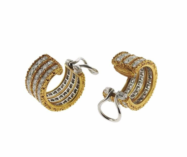 Buccellati Diamond Two Color Gold Hoop Earrings - Oakgem.com