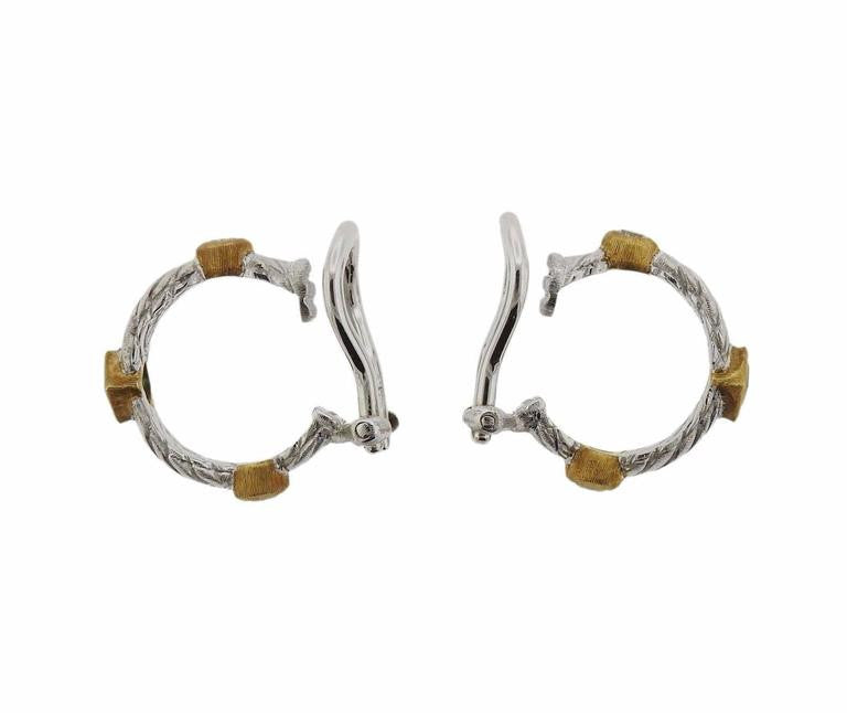 Buccellati Diamond Emerald Two Color Gold Hoop Earrings - Oakgem.com