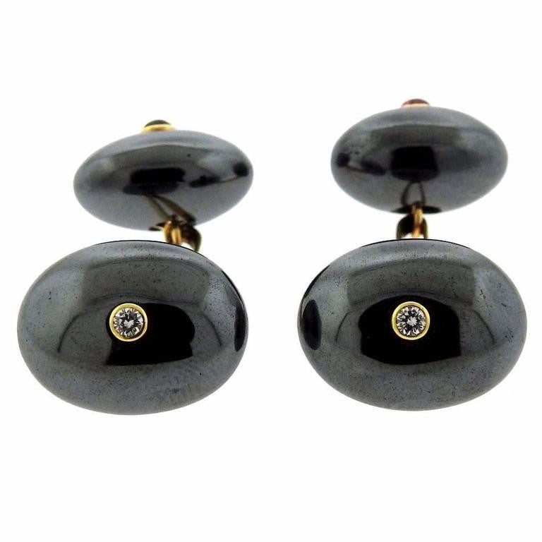 Trianon Hematite Ruby Diamond Gold Cufflinks - Oakgem.com