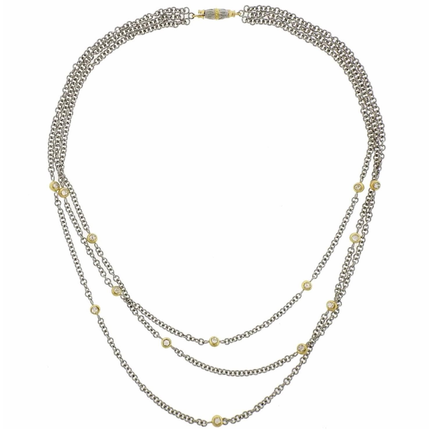 Buccellati Gold Three Strand Diamond Station Necklace - Oakgem.com